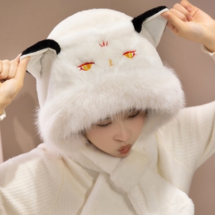 可爱狐狸帽子围巾一体冬季防寒保暖毛绒绒围脖女生护耳雷锋帽儿童