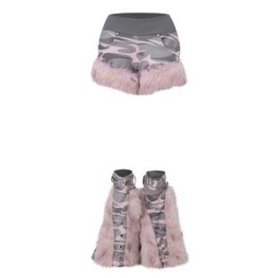 女秋冬修身 y2k千禧辣妹亚文化腿套毛绒拼接迷彩短裤 ins 蚀月镜