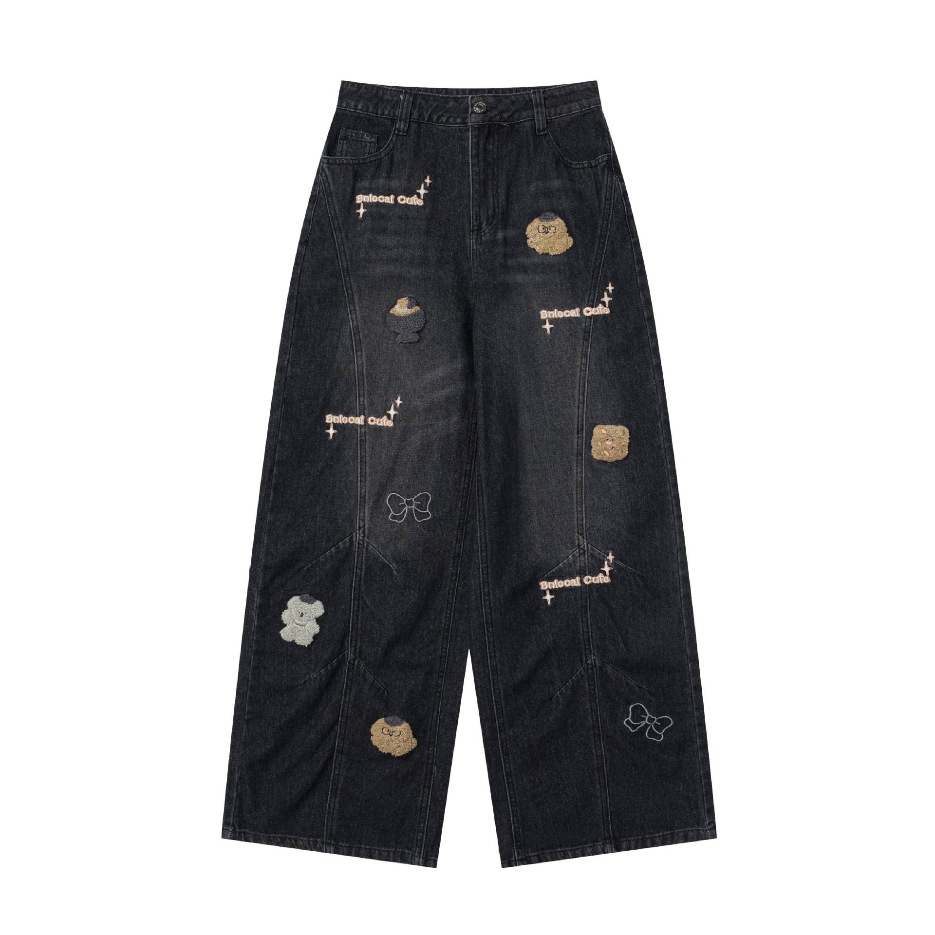 【蚀月镜】y2k千禧风卡通可爱小动物刺绣牛仔裤女宽松阔腿设计感