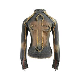 亚文化朋克哥特风十字架重磅做旧磨破毛边收腰立领牛仔外套女夹克