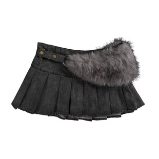 短裙ins y2k古早轻亚千禧辣妹大毛毛领腰带百褶裙女修身 蚀月镜