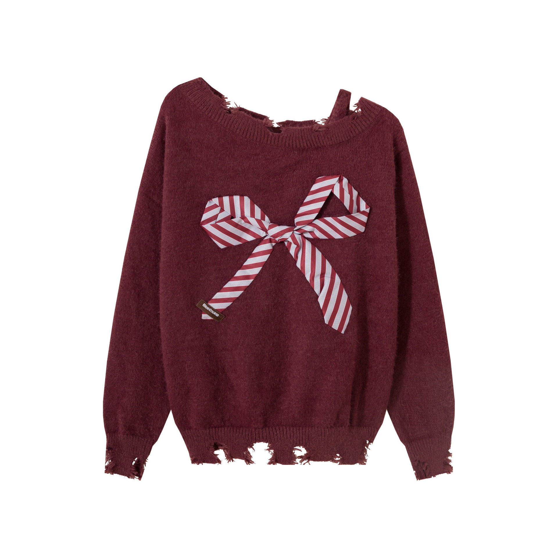 圣诞节红色蝴蝶结斜领露肩破洞毛衣女秋冬甜辣妹慵懒风宽松针织衫