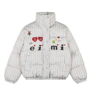 街头条纹爱心印花立领棉服女冬加厚宽松减龄面包服 美式 蚀月镜