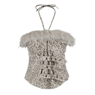 y2k轻亚比文化千禧辣妹豹纹毛绒挂脖背心女秋冬修身 抹胸上衣套装