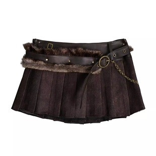短裙 西部辣妹美拉德复古咖色毛毛腰带百褶裙女低腰修身 蚀月镜