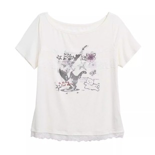 T恤女修身 少女风减龄甜美白色蕾丝花边短袖 印花上衣ins 蚀月镜