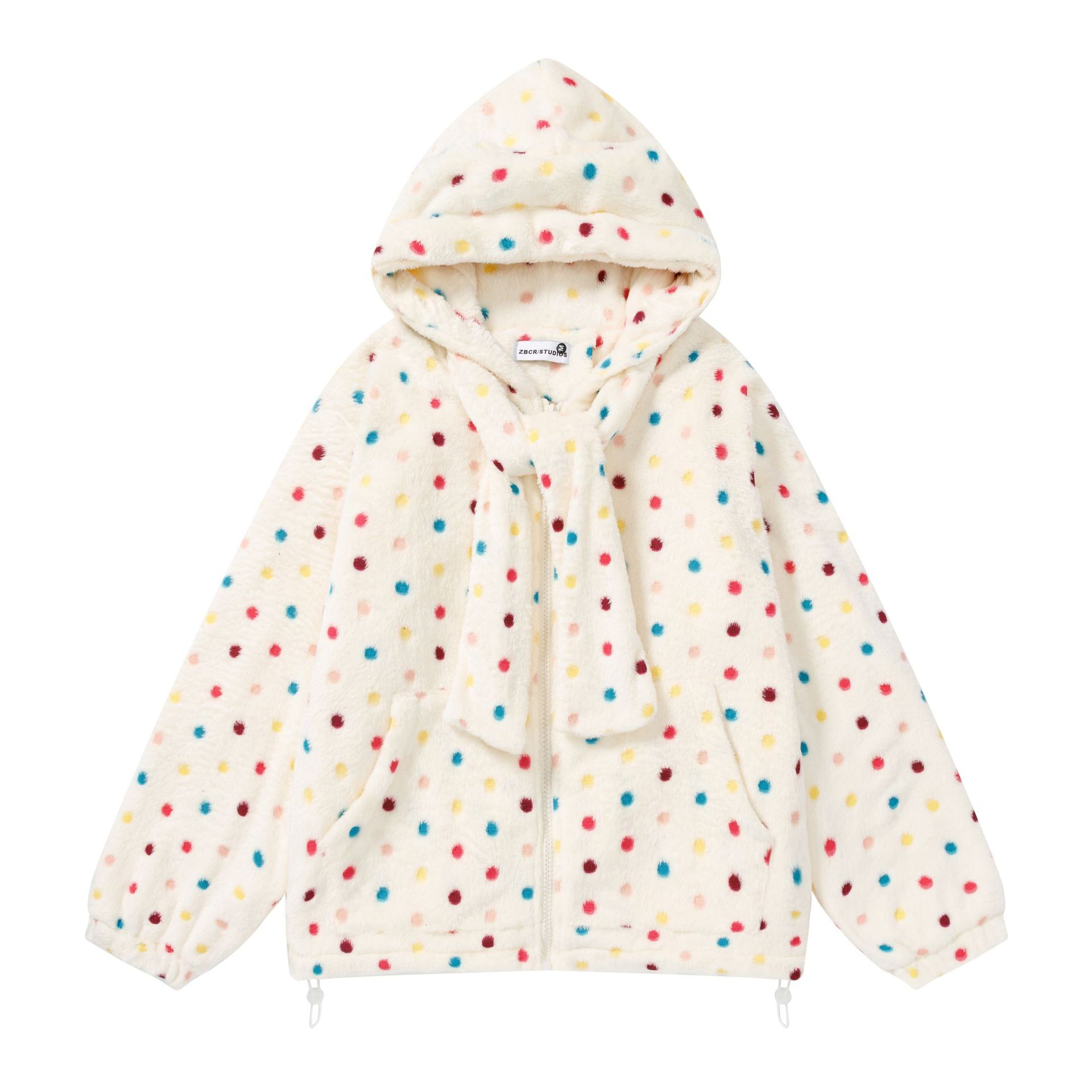 【蚀月镜】y2k千禧风彩色波点羊羔绒连帽棉服女保暖宽松开衫外套