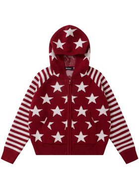 圣诞节红色五角星条纹连帽毛衣开衫女秋冬宽松慵懒软糯针织衫外套