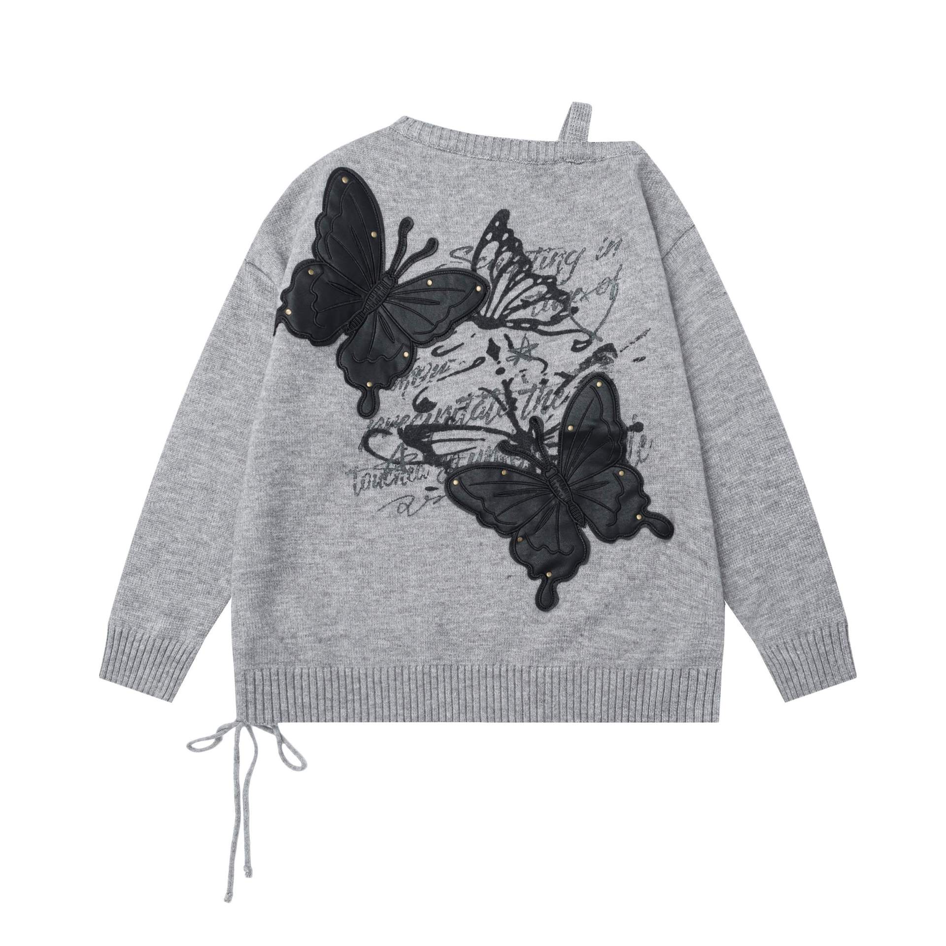 【蚀月镜】y2k轻亚蝴蝶贴布刺绣斜肩毛衣女秋冬宽松慵懒风针织衫