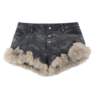 女秋冬加厚做旧低腰包臀裤 y2k千禧辣妹迷彩毛绒边短裤 蚀月镜