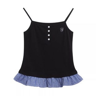 短上衣 辣妹少女风字母刺绣吊带背心女格子下摆拼接修身 蚀月镜