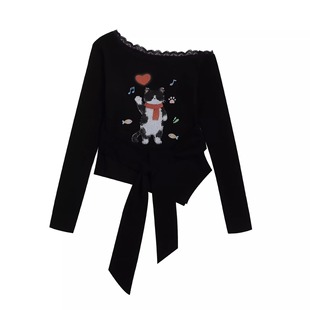 New现货美式 26春季 关蕖 辣妹蕾丝斜肩系带收腰猫咪 蚀月镜