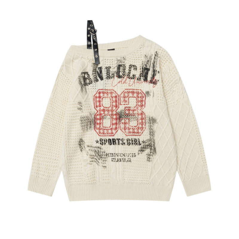 【蚀月镜】y2k轻亚千禧辣妹数字印花斜领露肩毛衣女皮扣麻花针织