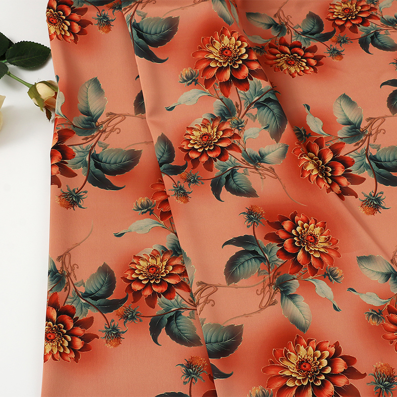 桃雾金盏香云纱醋酸缎印花布 中老年旗袍连衣裙面料 红火碎花布