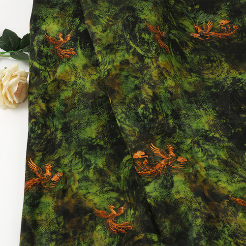 墨绿丹羽全人丝香云纱印花面料国风旗袍连衣裙面料中式美学印花布