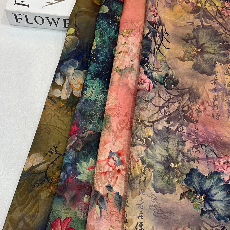 古风山水字画仿香云纱印花面料 女装旗袍汉服新中式重磅红云纱布