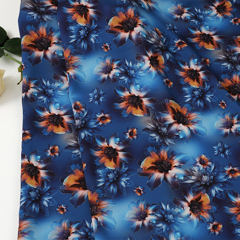 深海金葵香云纱醋酸缎印花布 中老年旗袍连衣裙面料 国风花布现货