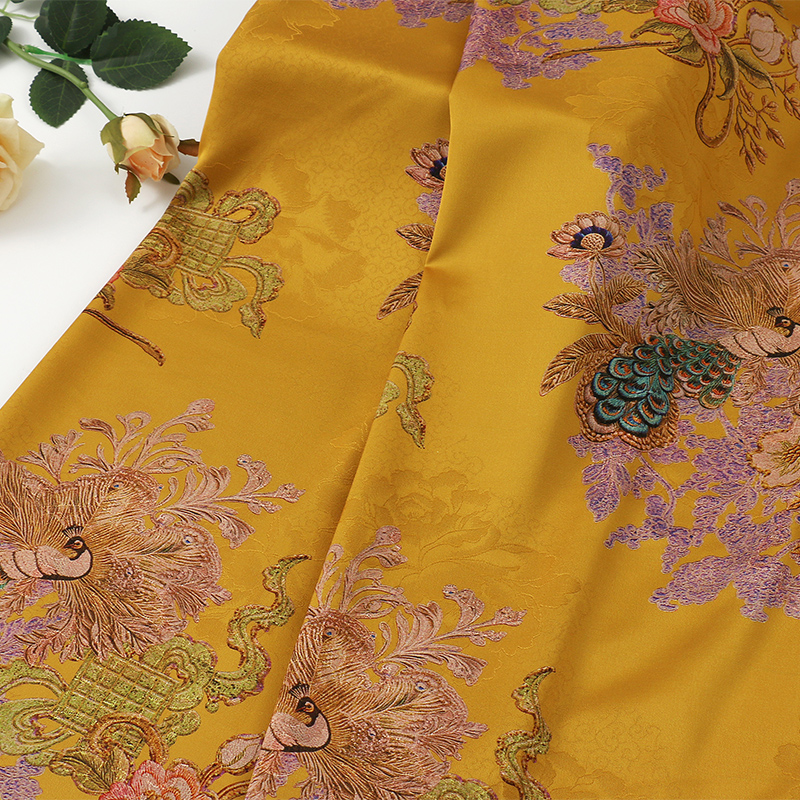 醋酸大牡丹红云纱提花面料 春夏连衣裙旗袍面料  玛瑙黄薄款花布