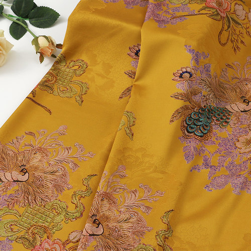 醋酸大牡丹红云纱提花面料 春夏连衣裙旗袍面料  玛瑙黄薄款花布