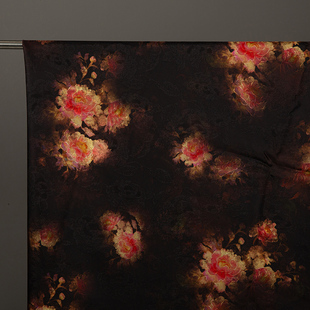 全人丝香云纱花萝面料 黑棕色2026春夏新款 数码 印花 旗袍连衣裙