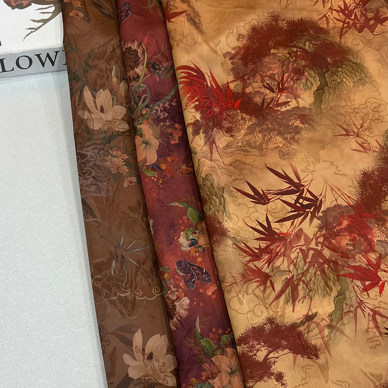 新中式重磅红云纱印花面料 女装旗袍汉服马面裙国风仿香云纱布料