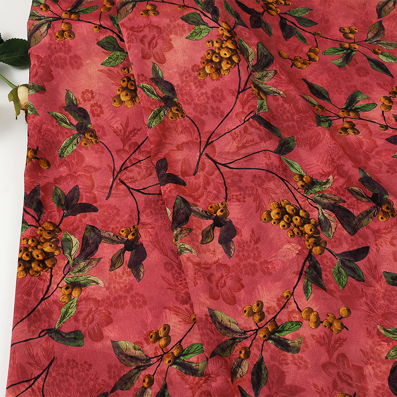 重磅牡丹胭红秋实印花提花面料 新中式服饰包包发饰布料 花布现货
