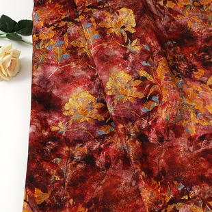 秋霞叠蕊全人丝香云纱印花面料 晕染印花布 国风旗袍连衣裙服装
