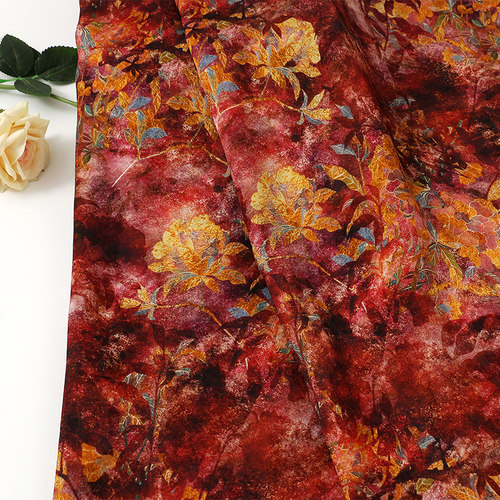 秋霞叠蕊全人丝香云纱印花面料 国风旗袍连衣裙服装  晕染印花布