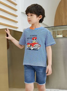 非常小鱼61203清仓男童夏季纯棉时尚海军条短袖T恤90-130半袖上衣
