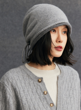 秋冬简约2026山羊绒帽子女手工编织镂空钩花包头帽保暖针织帽