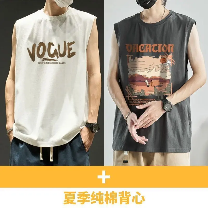 纯棉坎肩背心男潮牌ins美式复古夏季外穿宽松大码运动无袖t恤12