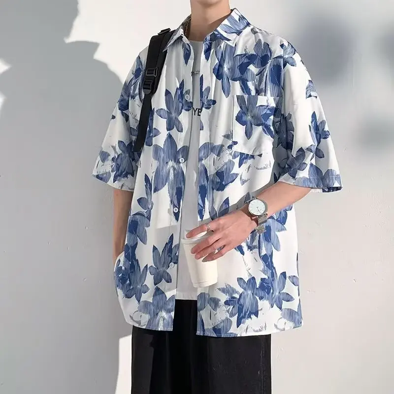 2025新款短袖花衬衫男士夏季薄款冰丝宽松夏威夷沙滩碎花衬衣外套