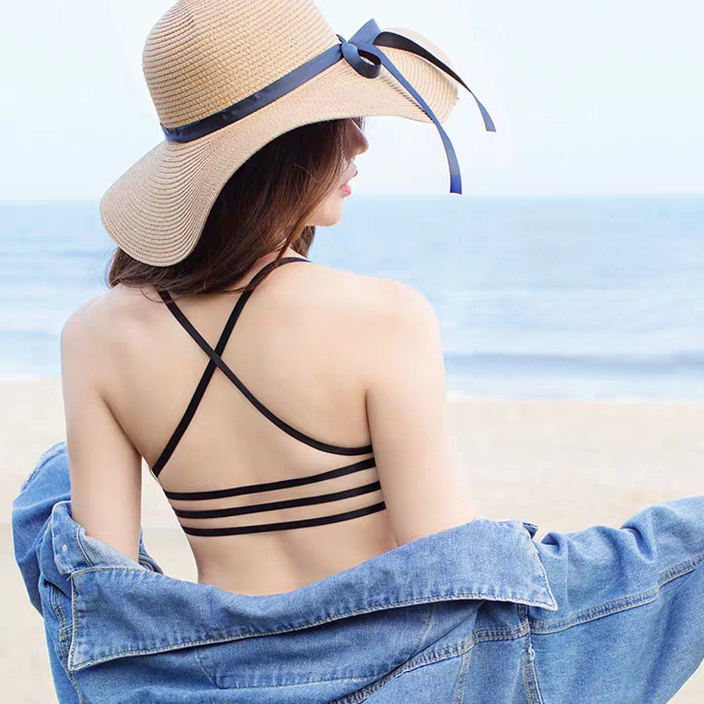 交叉带前扣露背美背内衣女薄款小胸聚拢2026新款爆款挂脖文胸罩夏