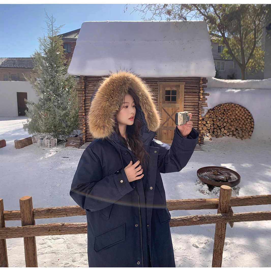长款棉衣女2025新款冬季加厚过膝大毛领派克服工装极寒外套蓝色
