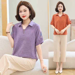妈妈衬衫领上衣夏季短袖刺绣棉麻T恤中老年宽松休闲衣服女款套装