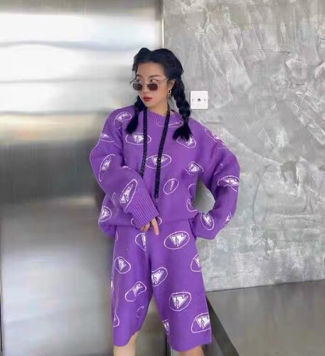 GG潮牌欧洲站秋冬季女装宽松针织卡通图案长袖毛衣短裤套装女潮