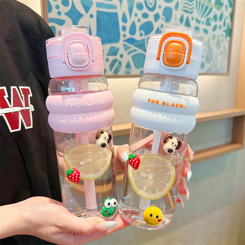 简约清新双饮吸管塑料杯男女生便携学生运动水杯防烫直饮随手杯子