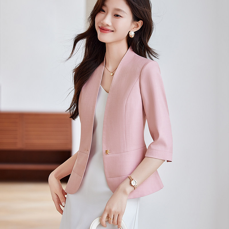 时尚气质粉色短款小西装外套女夏季薄款休闲百搭修身显瘦无领西服