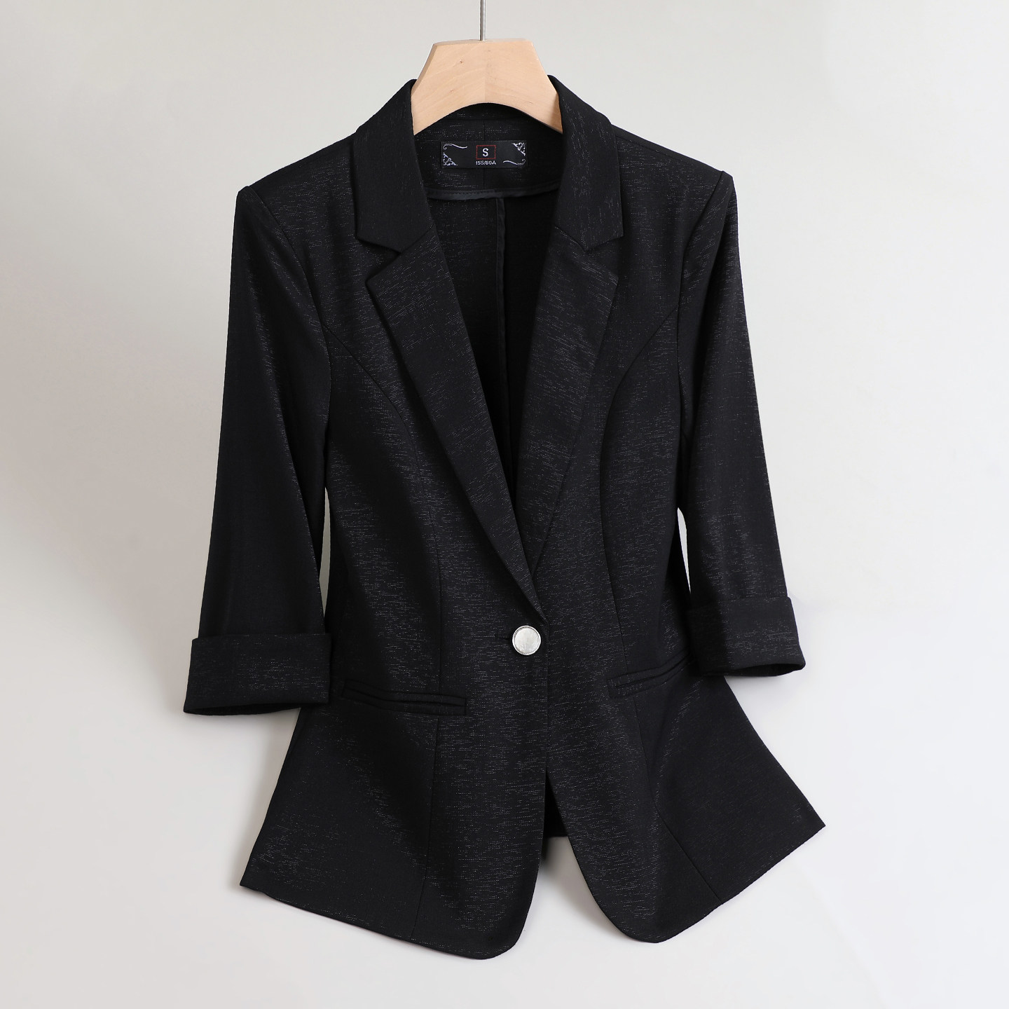 百搭显瘦黑色亮丝小西装外套女春夏薄款七分袖休闲时尚气质西服