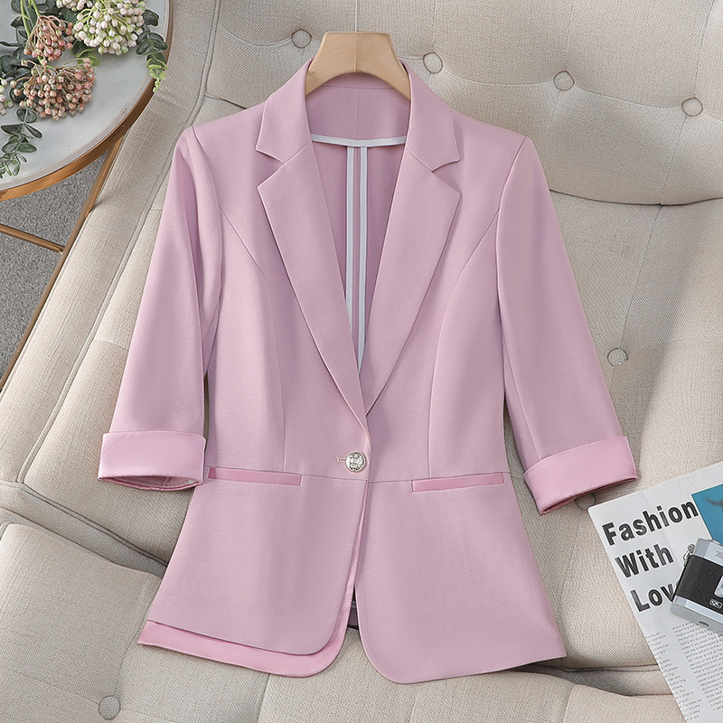 休闲时尚粉紫色小西装外套女夏季薄款高级感修身显瘦气质亮丝西服