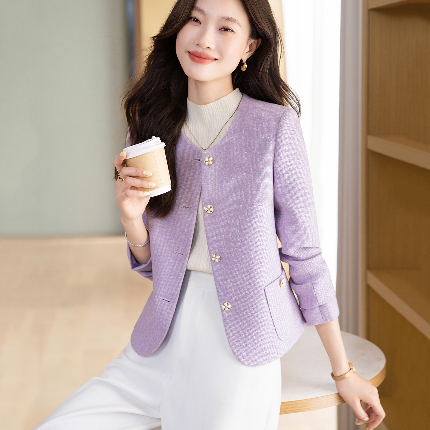 浅紫色短款粗花呢小香风外套女