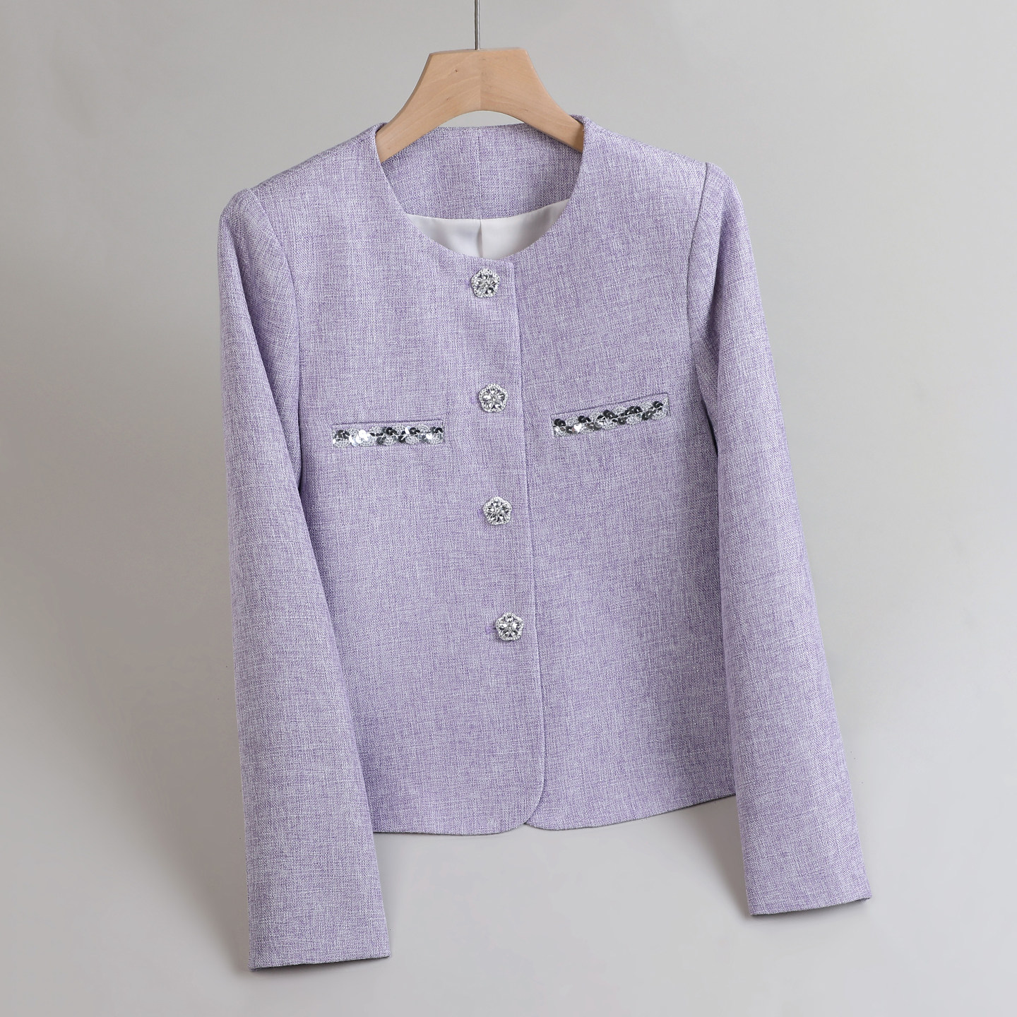 浅紫色短款小香风外套女春季新款高级感名媛气质显瘦圆领西服上衣