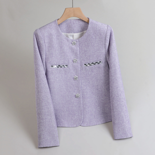 浅紫色短款小香风外套女春季新款高级感名媛气质显瘦圆领西服上衣