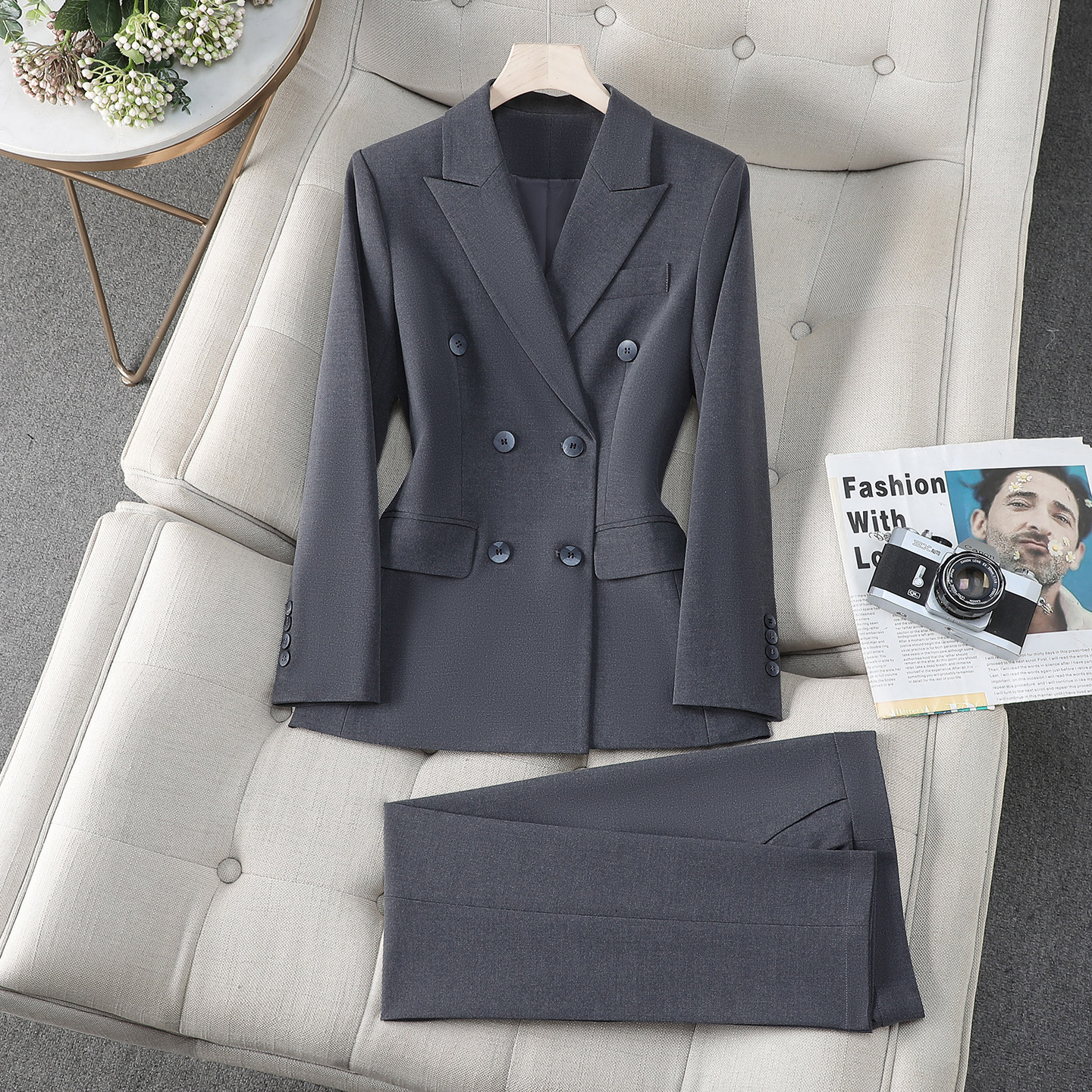 深灰色双排扣西装套装女春秋新款高级感干练气质商务通勤职业西服