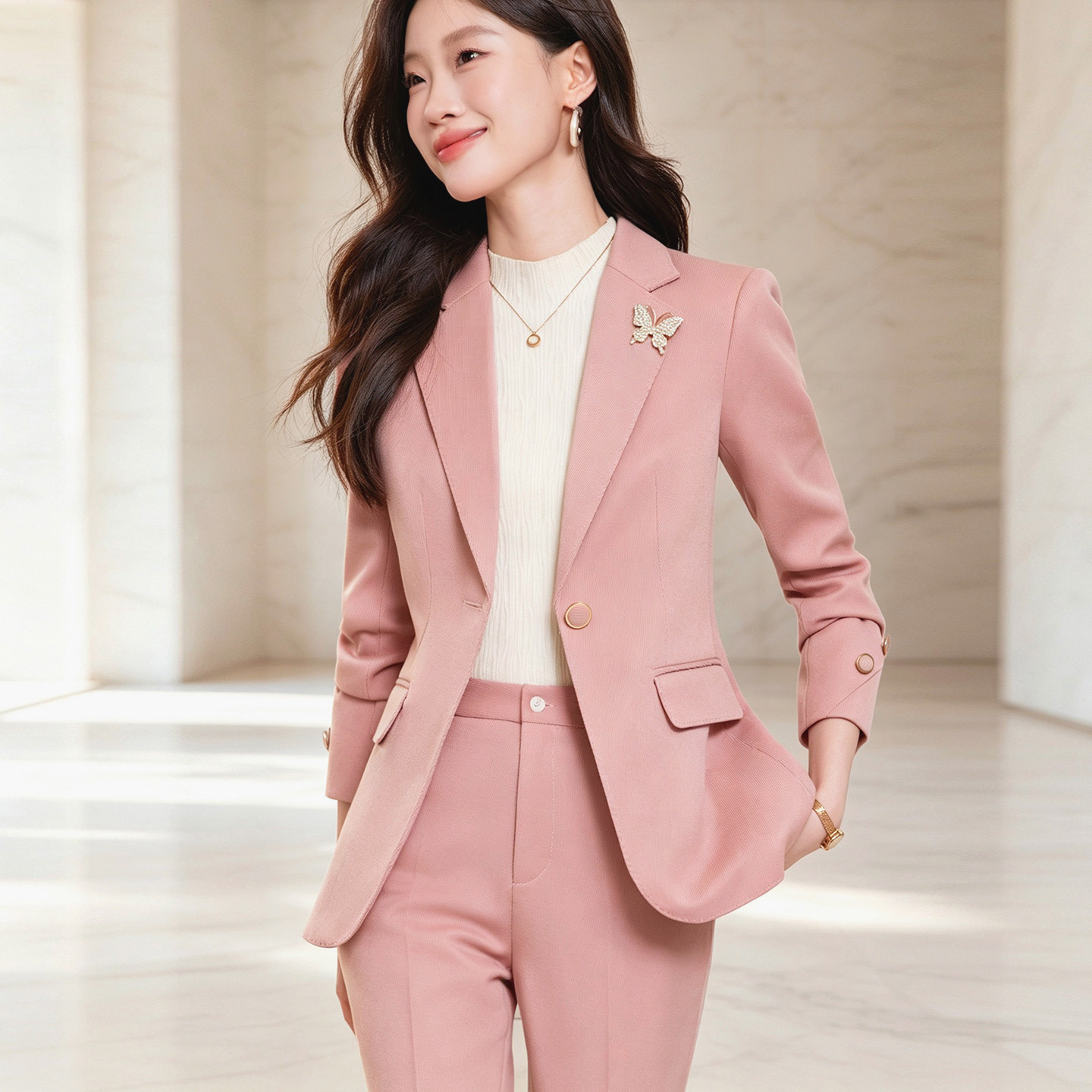 休闲时尚洋气减龄粉色西装套装女