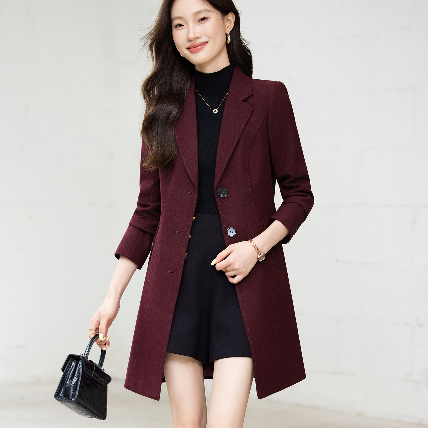 酒红中长款秋冬通勤西装大衣女