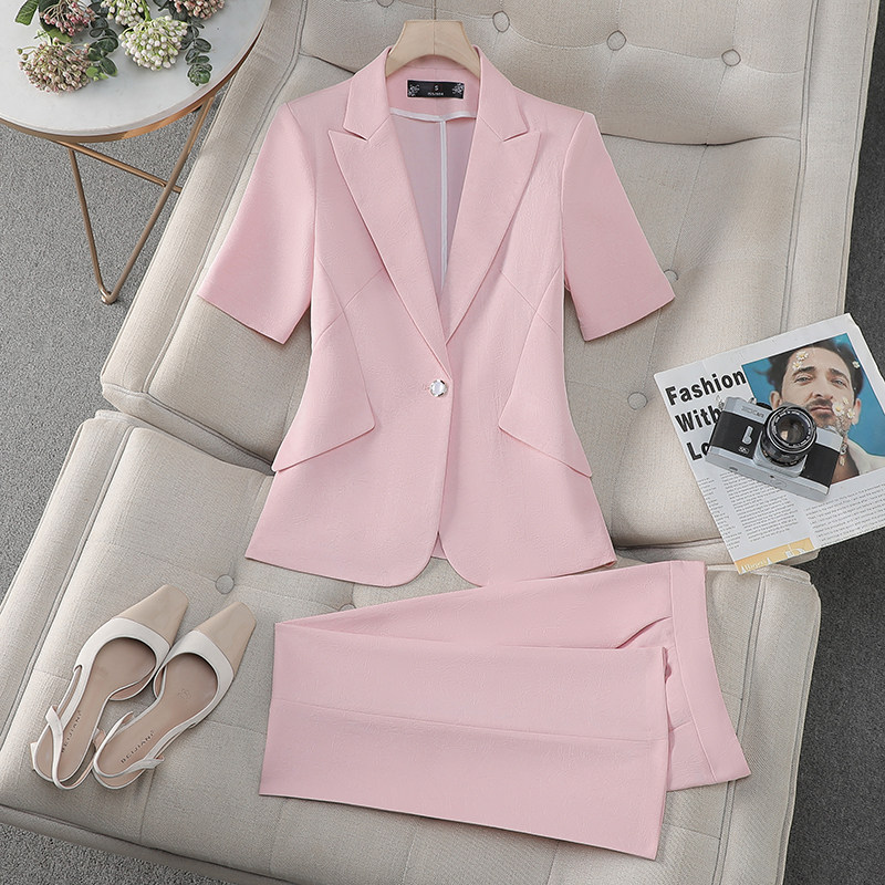 休闲气质粉色短袖小西装套装女夏季薄款修身洋气时尚通勤职业西服