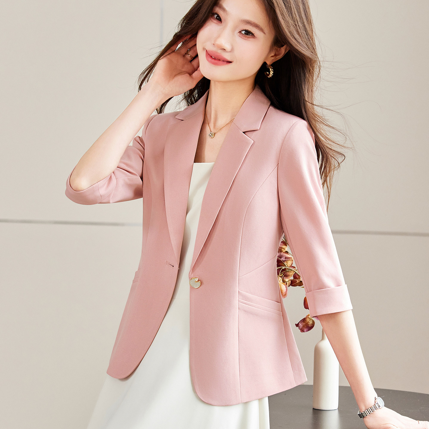七分袖短款小西装外套女春夏薄款洋气减龄粉色百搭气质小个子西服