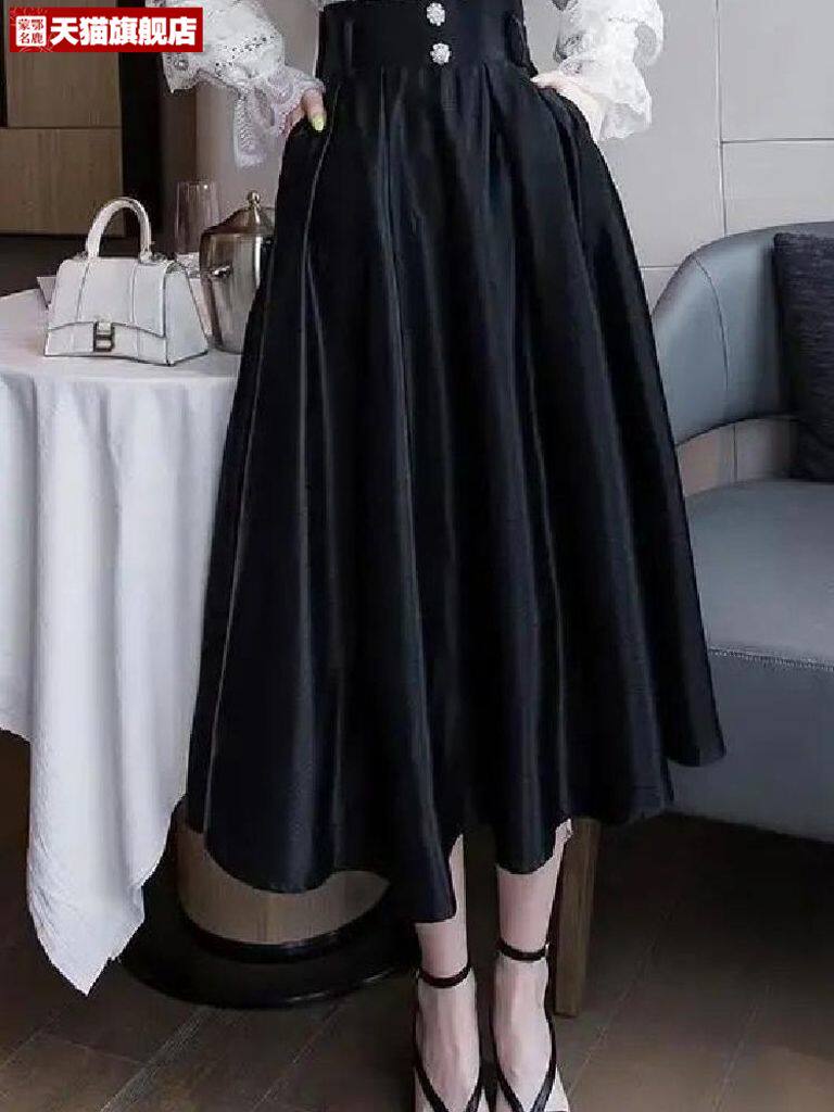 여성용 스커트 가을 겨울 인 햅번 스타일 리틀 블랙 스커트 2024 봄 가을 작은 사람들 빅 스윙 스커트 하이 웨이스트 슬림 우산 스커트