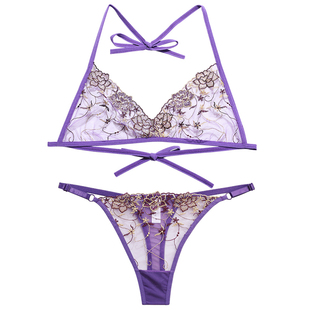 文胸t裤套装性感透明诱惑欧美风外贸刺绣丁字裤女无痕比基尼T